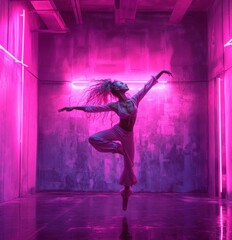 Young slim woman, ballerina, dancer in stage costume performs ballet steps, dances in room, hall with grey concrete walls and neon lights at ceiling. Contemporary modern Dance and Art.