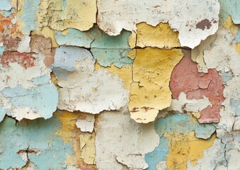 Obraz premium Peeling multicolored paint on a cracked, weathered wall with a rough texture Generative AI