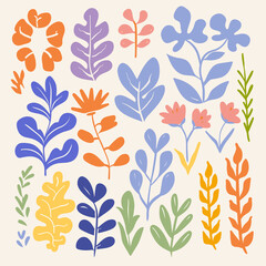 Groovy abstract flower art set. Organic doodle shapes in trendy naive retro . Floral botanical vector illustration .