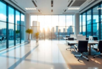 Beautiful blurred background of a light modern office interior with panoramic windows and beautiful lighting, ai