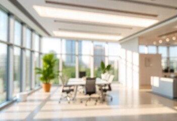 Beautiful blurred background of a light modern office interior with panoramic windows and beautiful lighting, ai