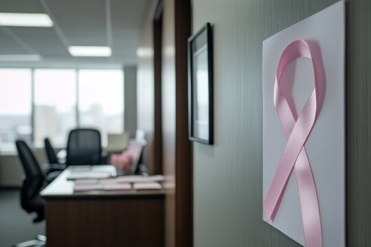 Corporate Support for Awareness: A corporate office scene where employees are wearing pink ribbons on their business attire. There is a desk in the foreground with informational pamphlets about breast