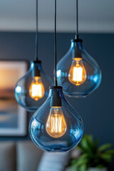 Blue Glass Lamps,  Stylish blue glass lamps featuring bright white bulbs, perfect for adding elegance and warmth to any room's lighting decor