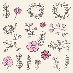 Flower doodle hand drawn line stroke. Sketch hand drawn spring floral plant, nature graphic leaf. Vector simple flower, leaf brush stroke. Vector illustration .