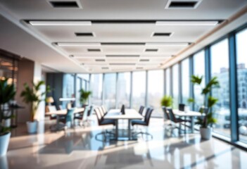 Beautiful blurred background of a light modern office interior with panoramic windows and beautiful lighting, ai