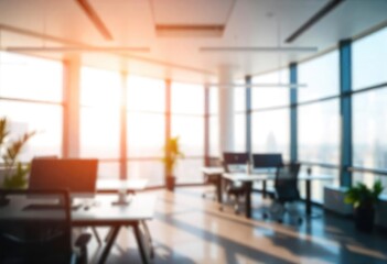 Beautiful blurred background of a light modern office interior with panoramic windows and beautiful lighting, ai
