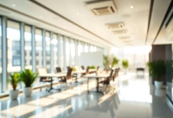 Modern bright office interior with furniture and daylight. Blurred background., ai