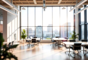 Modern bright office interior with furniture and daylight. Blurred background., ai