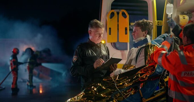 Police Patrolman Asking an Injured Young Man a Series of Questions About the Traffic Accident. Middle Aged Caucasian Policeman Using a Tablet Computer. Patient Lying on a Stretcher in an Ambulance