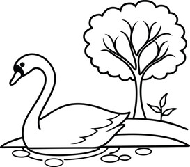 Elegant swan gracefully swimming on a pond perfect line art illustration for kids coloring book full of charm
