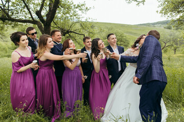 A group of people are gathered in a field, with a bride and groom in the center. They are all holding glasses and smiling, likely celebrating a wedding