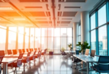 Modern bright office interior with furniture and daylight. Blurred background., ai