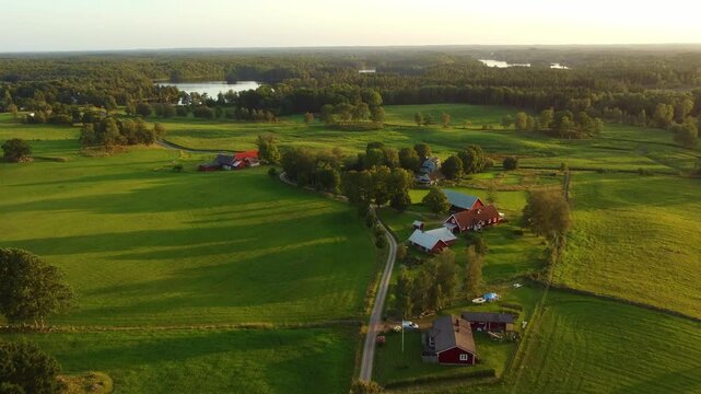 Aerial view of scandinavian, swedish rural landscape, late summer, red houses, green fields, forest, evening warm light