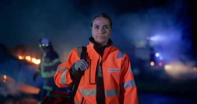Portrait of a Female EMS Paramedic Proudly Standing in Front of Camera in High Visibility Medical Orange Uniform with "Paramedic" Text Logo. Beautiful Emergency Medical Technician or Doctor at Work