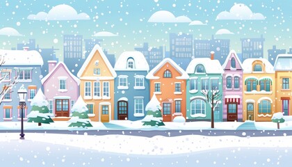 Quaint Snowy Town Winter Wonderland Neighborhood. Cartoon houses facades illustration.