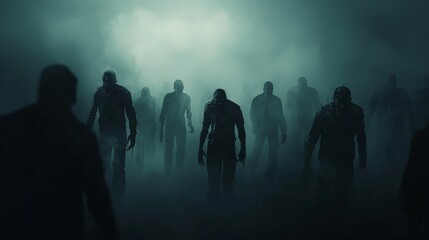 A dark and eerie zombie background, with shadows and fog obscuring the view of the undead lurking in the distance