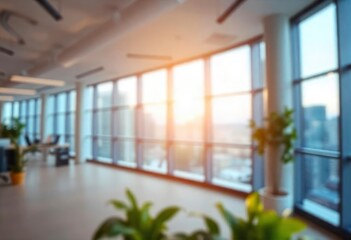 Modern bright office interior with furniture and daylight. Blurred background., ai