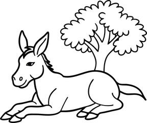 Fun line art illustration of a donkey under a tree great for young artists to color

