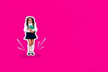 Composite photo collage of happy geek girl bookworm carry textbook stack education literature subject isolated on painted background