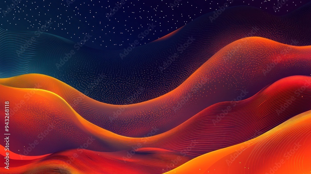 Sticker abstract flowing waves of red and blue with glowing particles and stars generative ai