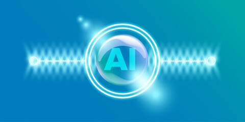Artificial intelligence chipset on blue board in futuristic neon cyber punk concept technology artwork for web, banner, card, cover. Vector AI blue chip logo design template