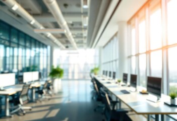 Modern bright office interior with furniture and daylight. Blurred background., ai
