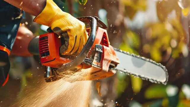 Detail of a Chainsaw Cutting the Wooden Log. Lumberjack Working in Forest