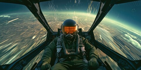 Fototapeta premium Pilot in cockpit flying over planet.