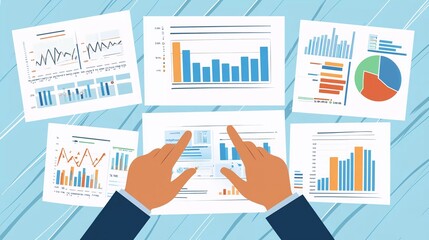 businessman analysis of business financial reports. Management of company data, metrics and marketing KPIs, financial status in beautiful graphs and reporting daily or monthly sales information simult
