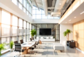 Beautiful blurred background of a light modern office interior with panoramic windows and beautiful lighting, ai