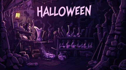 Halloween text against a witch's lair filled with potions, sharp vector style.