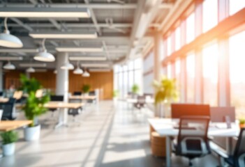 Beautiful blurred background of a light modern office interior with panoramic windows and beautiful lighting, ai