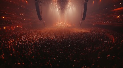 A large audience gathers in a dimly lit hall, captivated by an energetic concert performance on stage.