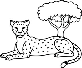 Cute cheetah illustration for children to color featuring a relaxed pose and easy lines for a fun experience
