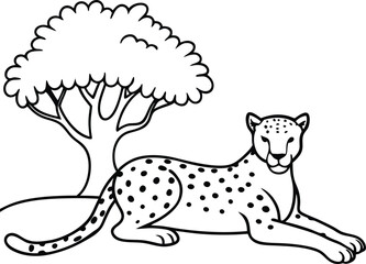 Cheetah relaxing in a line art style perfect for kids coloring fun with a simple pose and calm demeanor
