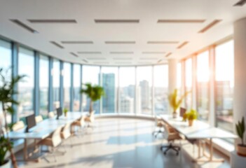 Beautiful blurred background of a light modern office interior with panoramic windows and beautiful lighting, ai