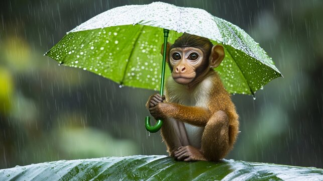 A little monkey sits on a green leaf and covers itself from the rain with a green leaf umbrella