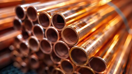Stack of Shiny Copper Pipes in Warehouse. Close-up view of a stack of shiny copper pipes neatly arranged in a warehouse, reflecting warm orange and gold tones.
