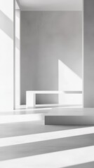 Light streams through, casting soft shadows across the clean, geometric surfaces of a tranquil, minimalist interior