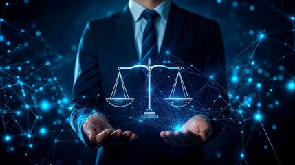 A businessman holds the scales of justice with glowing data, symbolizing law and justice in business