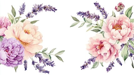 Watercolor floral frame featuring peonies and lavender