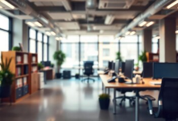 Beautiful defocused office background - office interior panoramic background, ai