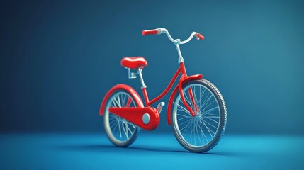 Fototapeta premium A red bicycle with white accents stands against a blue background. The bike has a classic design and is ready for a ride.