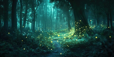Fototapeta premium Dark forest illuminated by fireflies.
