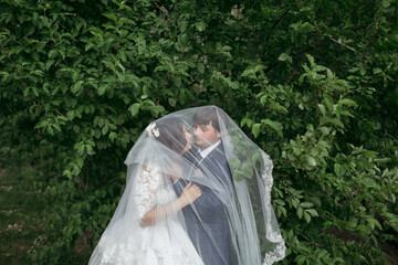 A young couple is hugging under a veil, with the bride's face partially hidden. The scene is set in a lush green forest, with trees surrounding the couple. Scene is romantic and intimate