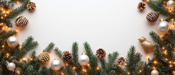 Festive arrangement of pine branches, ornaments, and cones, perfect for holiday greetings and seasonal decorations.