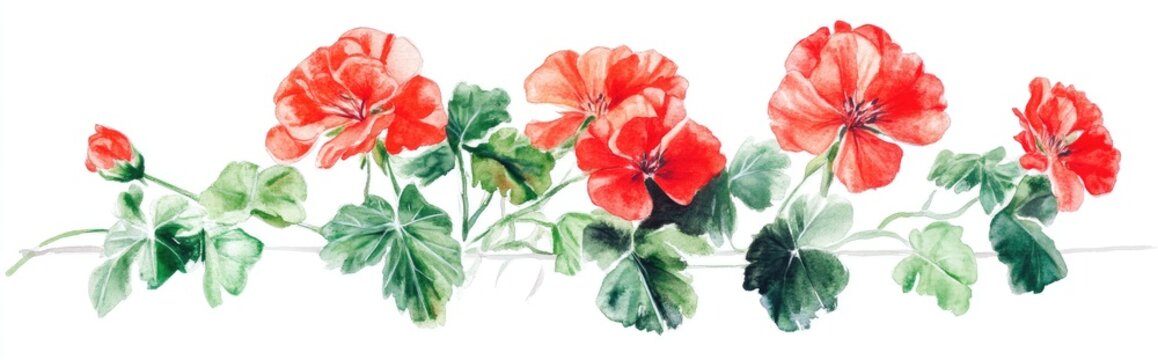Watercolor illustration of a bouquet featuring red geraniums and green leaves set against a white background