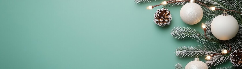 Festive Christmas scene featuring white ornaments, pinecones, and greenery on a mint background. Perfect for holiday design.