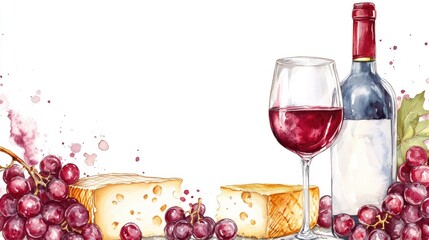 Watercolor frame featuring red wine and cheese Hand drawn background showcasing food elements including a bottle and glass of white wine red grapes and cheese Suitable for wine lists labels banner