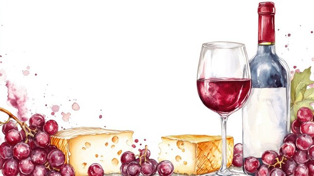 Watercolor frame featuring red wine and cheese Hand drawn background showcasing food elements including a bottle and glass of white wine red grapes and cheese Suitable for wine lists labels banner